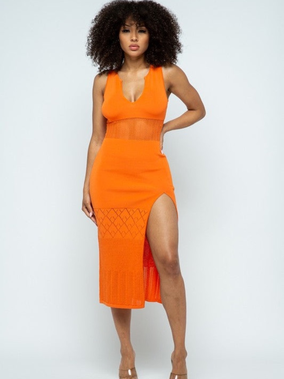 High-Slit Orange Knit Midi Skirt